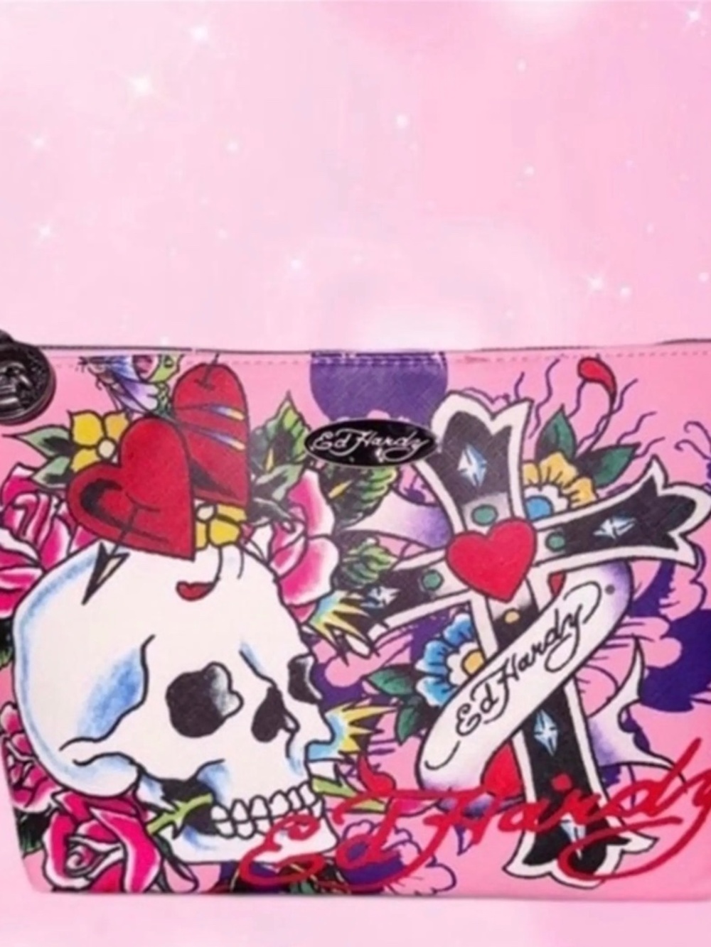Ed Hardy Pink Cosmetic Bag with Skull Cross and Heart Design